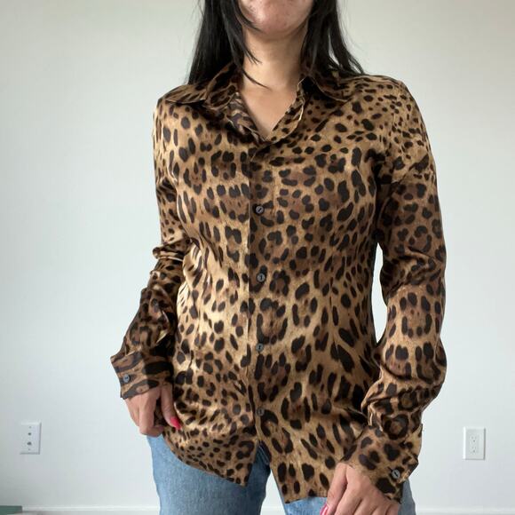 Dolce & Gabbana Leopard Print Silk Satin Button Down Shirt Collared 44 - Picture 1 of 11
